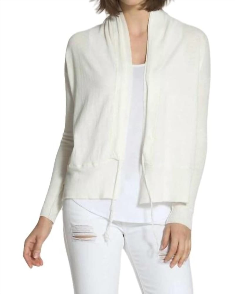Front of a model wearing a size L String Tie Cardigan in White in White by LABEL+thread. | dia_product_style_image_id:340319